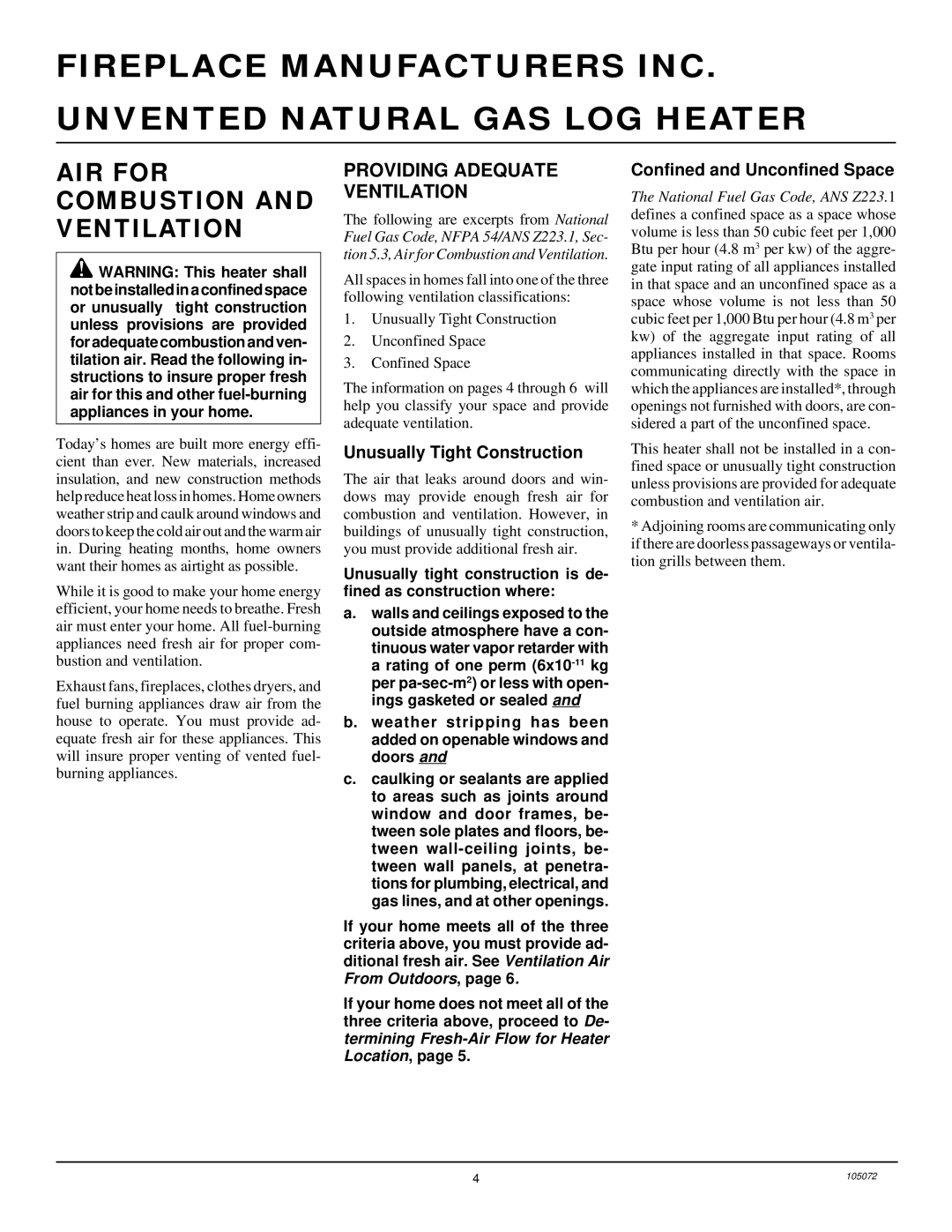 FMI VFN18R, VFN24R, VFN30R AIR for Combustion and Ventilation, Providing Adequate Ventilation, Unusually Tight Construction 