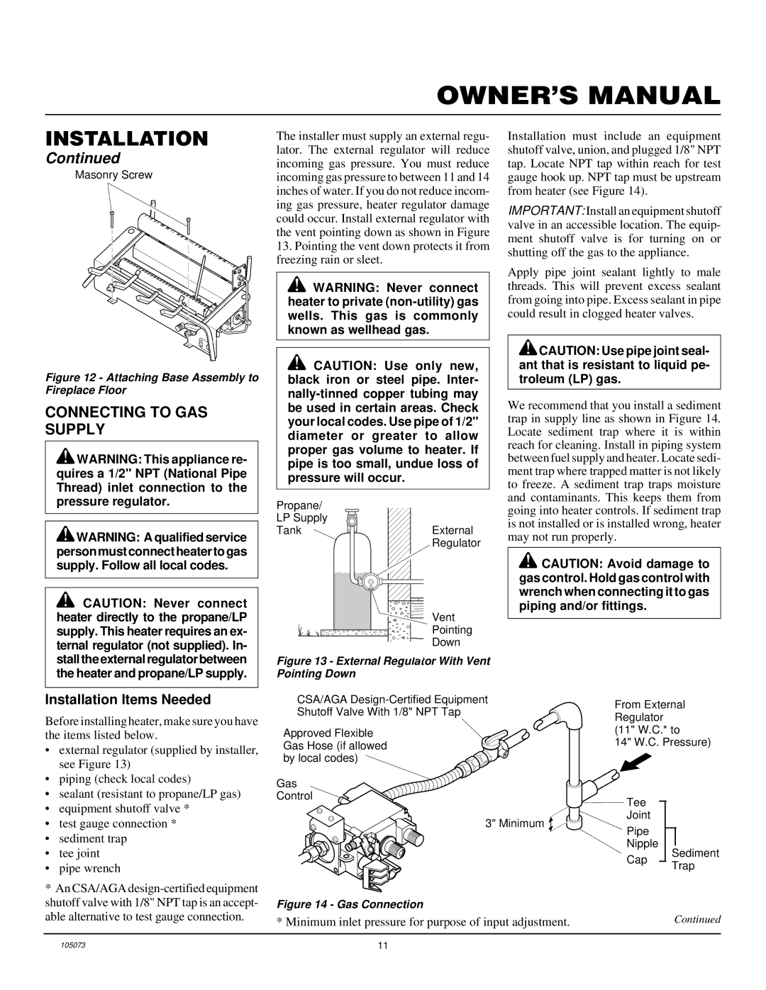 FMI VFP18R, VFP30R, VFP24R Connecting to GAS Supply, Minimum inlet pressure for purpose of input adjustment 