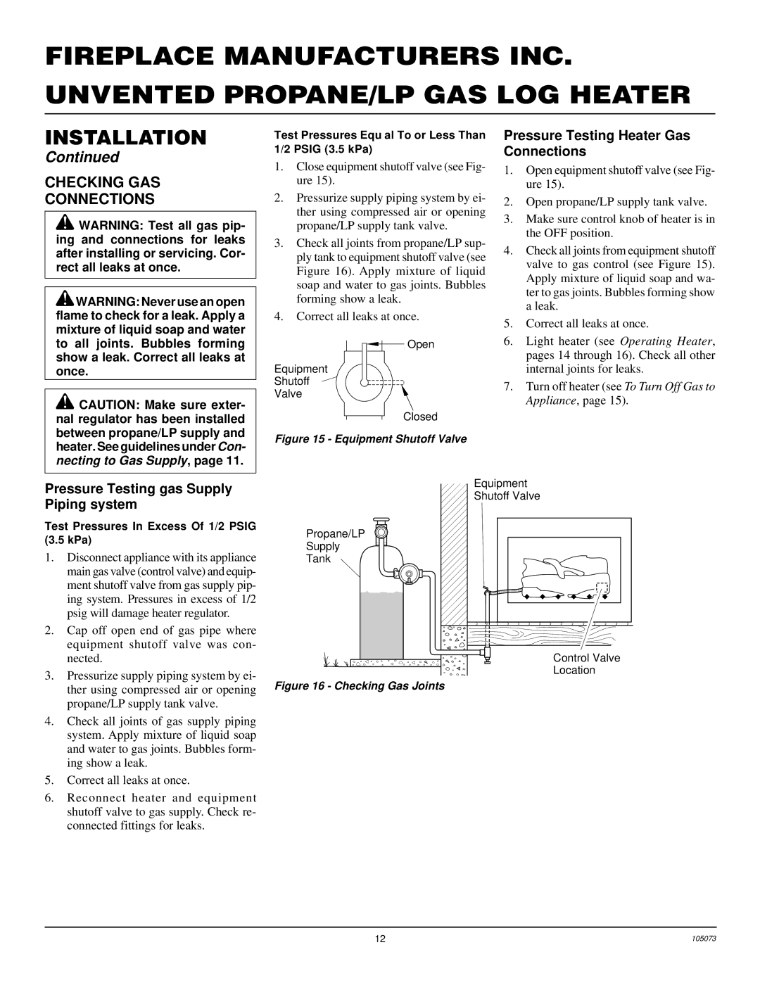 FMI VFP30R Checking GAS Connections, Pressure Testing Heater Gas Connections, Pressure Testing gas Supply Piping system 