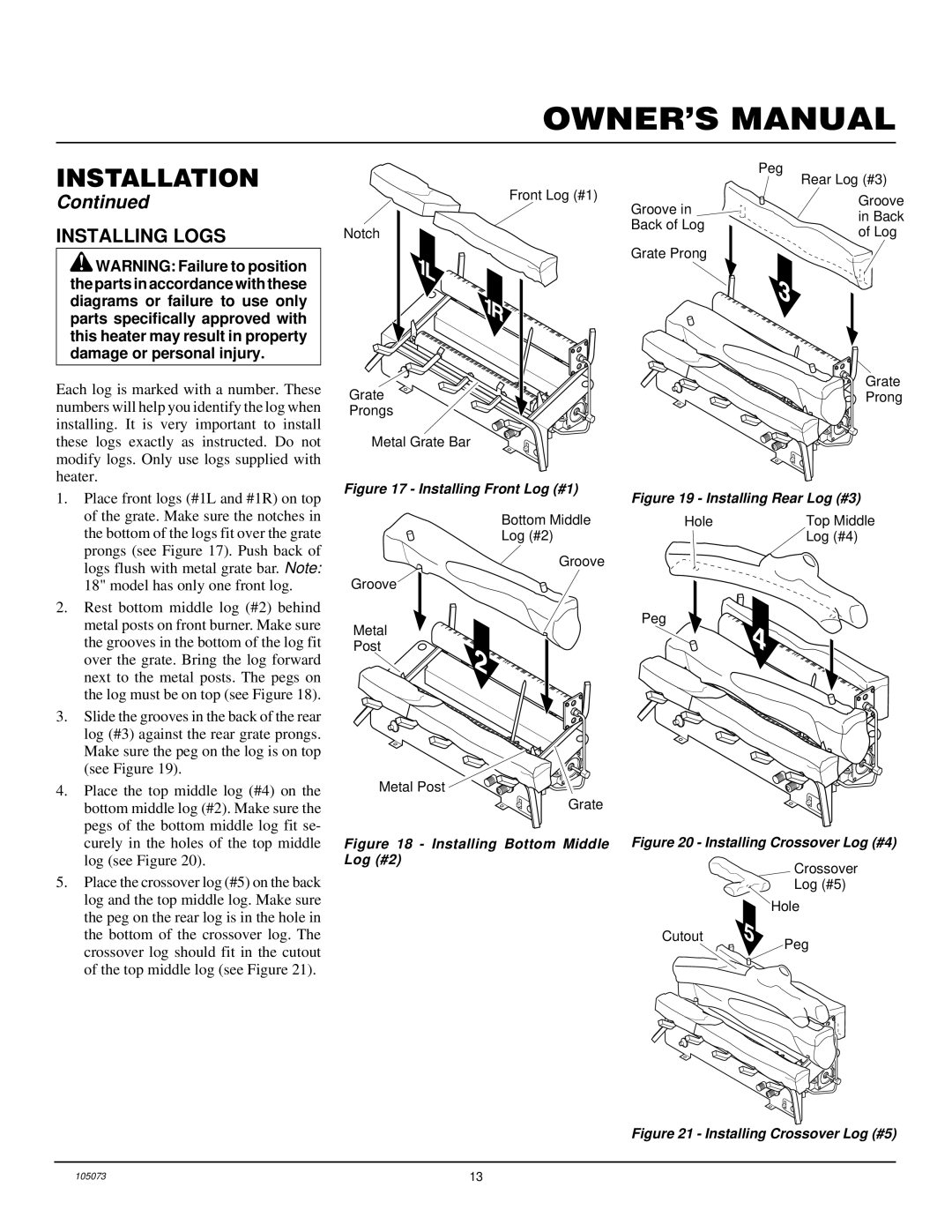 FMI VFP24R, VFP30R, VFP18R installation manual Installing Logs, Installing Front Log #1 