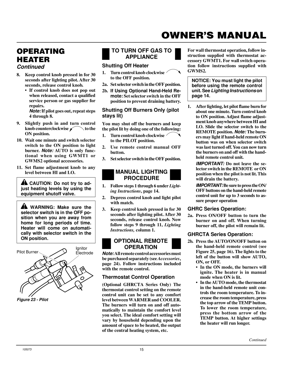 FMI VFP30R, VFP24R, VFP18R To Turn OFF GAS to Appliance, Manual Lighting Procedure, Optional Remote Operation 