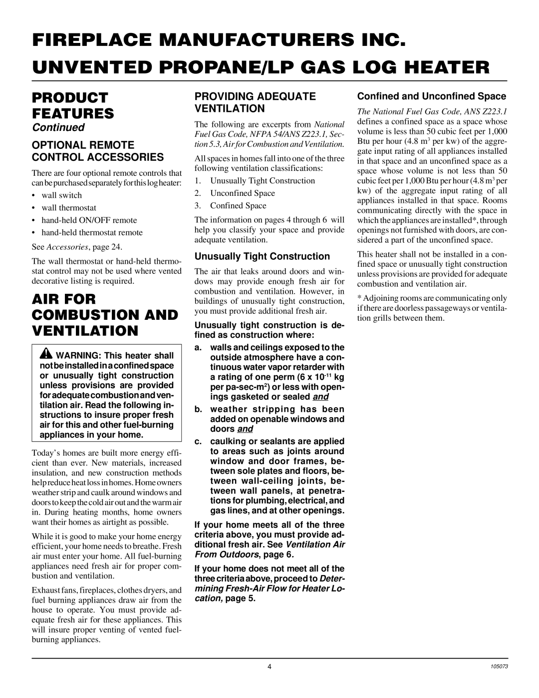 FMI VFP24R, VFP30R AIR for Combustion and Ventilation, Optional Remote Control Accessories, Providing Adequate Ventilation 