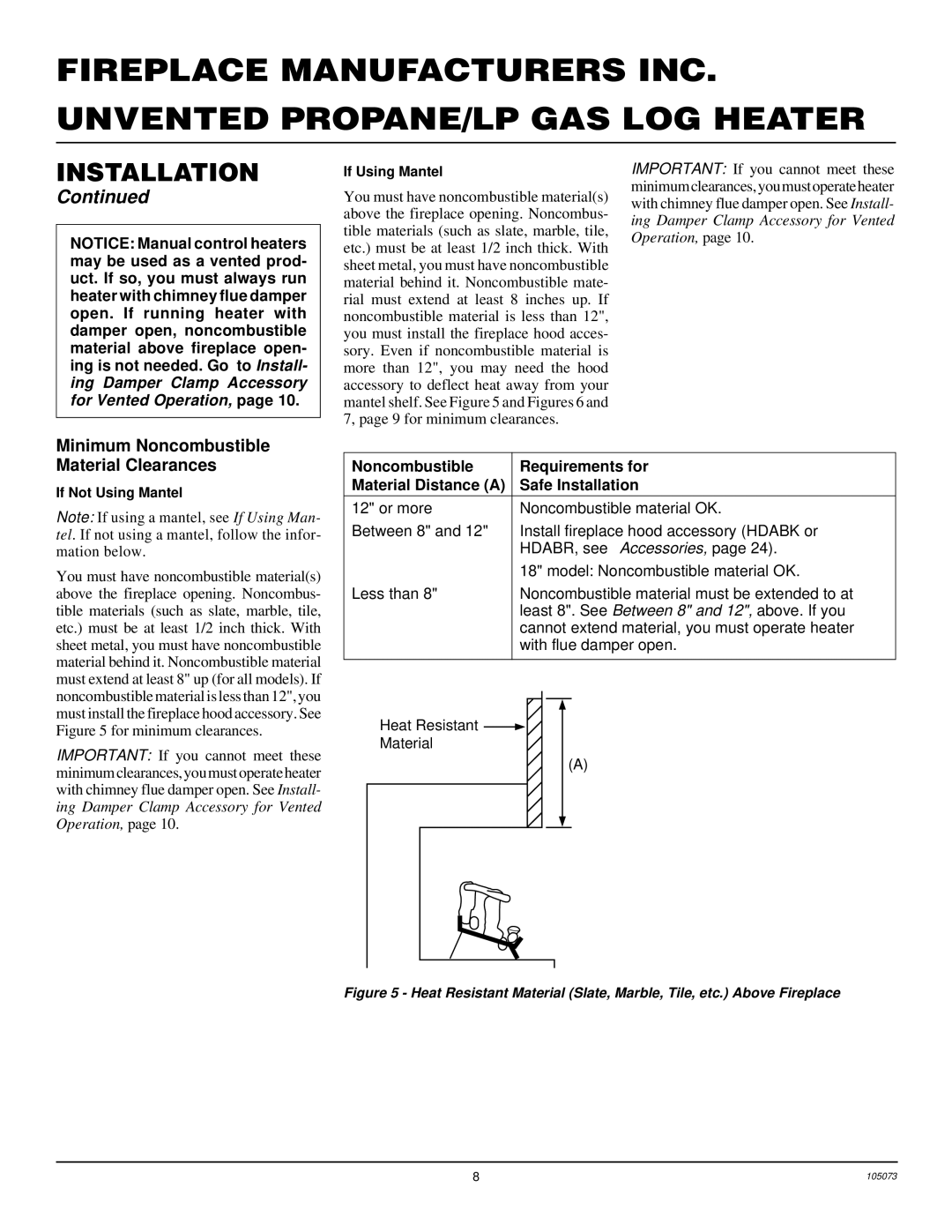 FMI VFP18R, VFP30R, VFP24R installation manual Minimum Noncombustible Material Clearances, If Using Mantel 