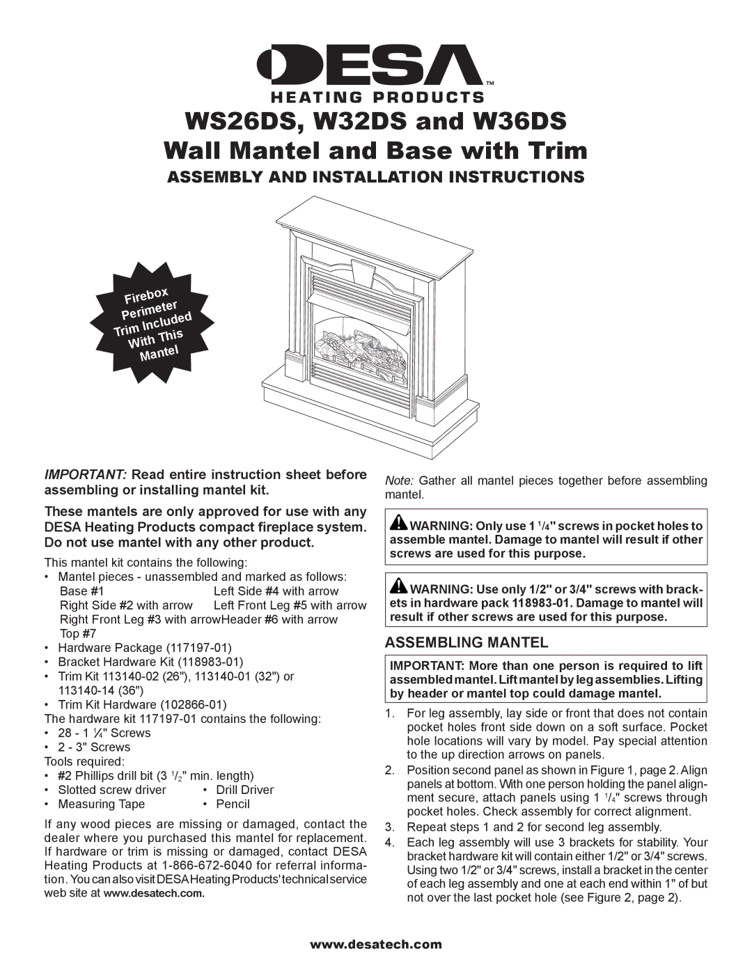 FMI W36DS, W32DS, WS26DS installation instructions Assembling Mantel, Repeat steps 1 and 2 for second leg assembly 