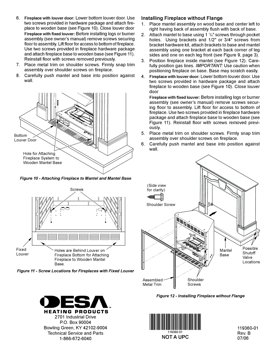 FMI W36DS, W32DS, WS26DS installation instructions Installing Fireplace without Flange, Rev. B, 07/06 