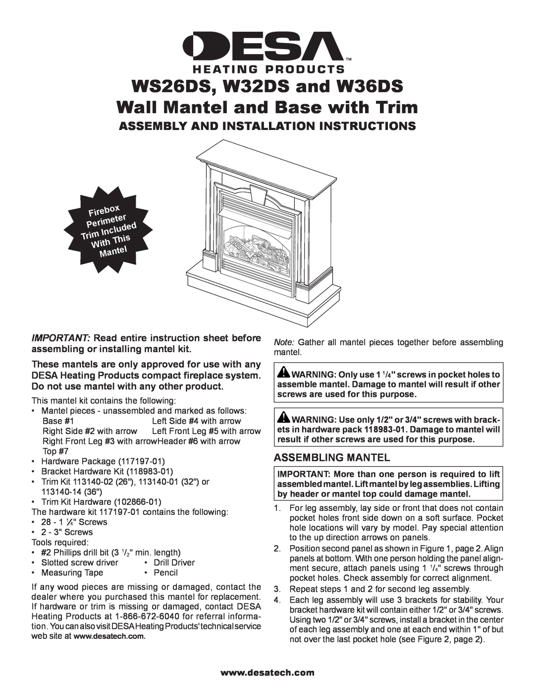 FMI W36DS, W32DS, WS26DS installation instructions Assembling Mantel, Assembly And Installation Instructions 