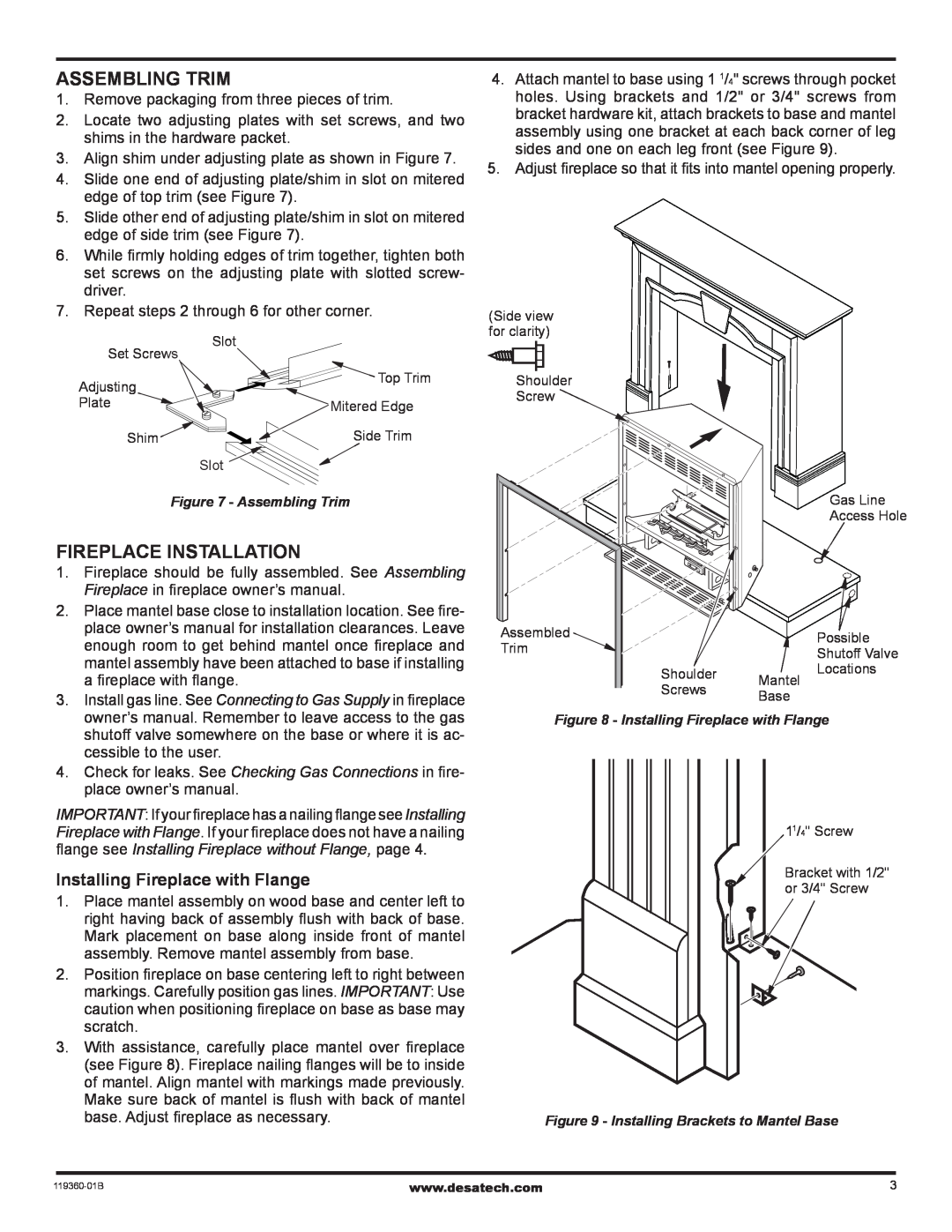 FMI W32DS, W36DS, WS26DS installation instructions Assembling Trim, Fireplace Installation, Installing Fireplace with Flange 