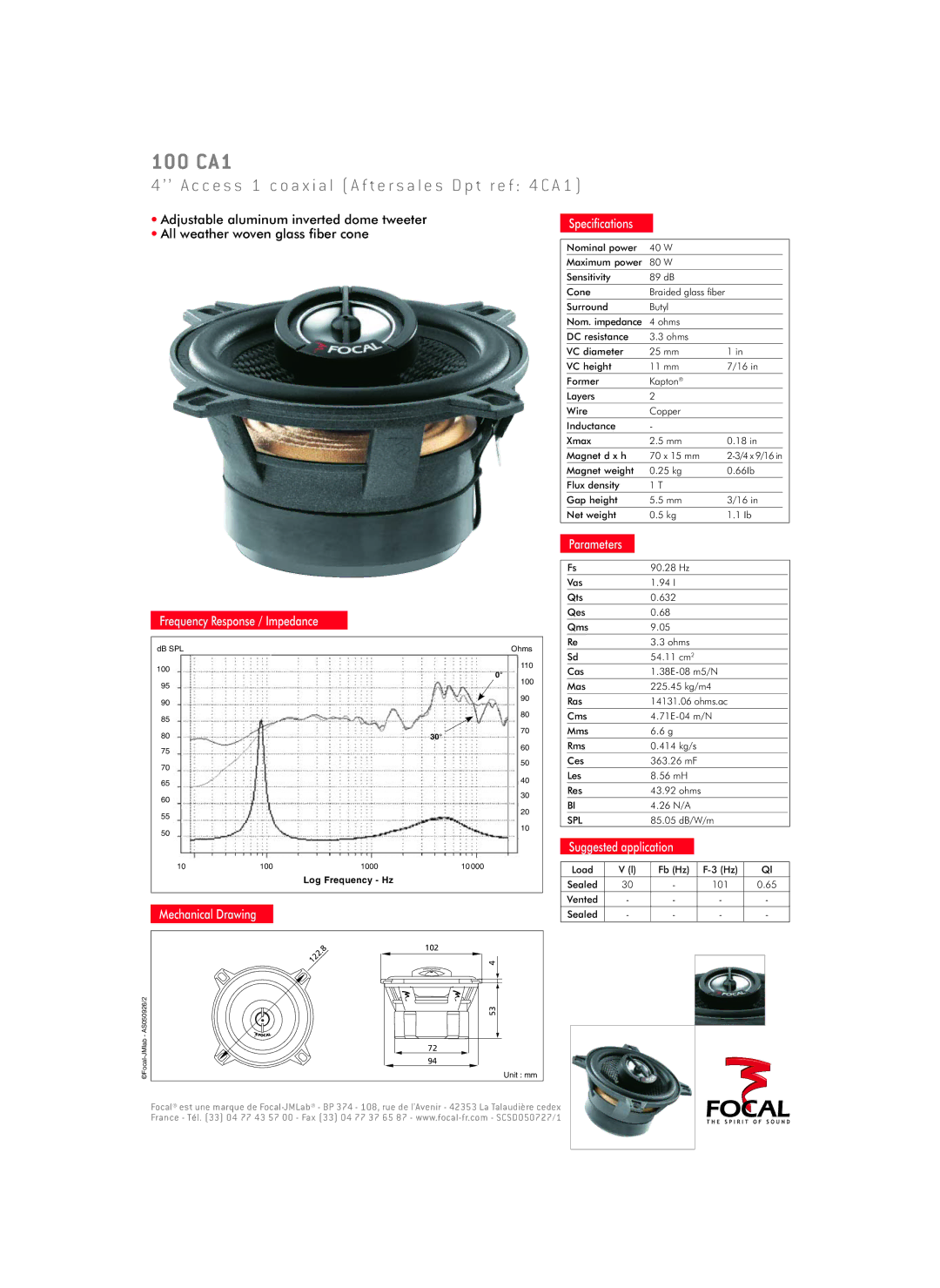 Focal 100 CA1 specifications Frequency Response / Impedance, Mechanical Drawing Speciﬁcations, Parameters 