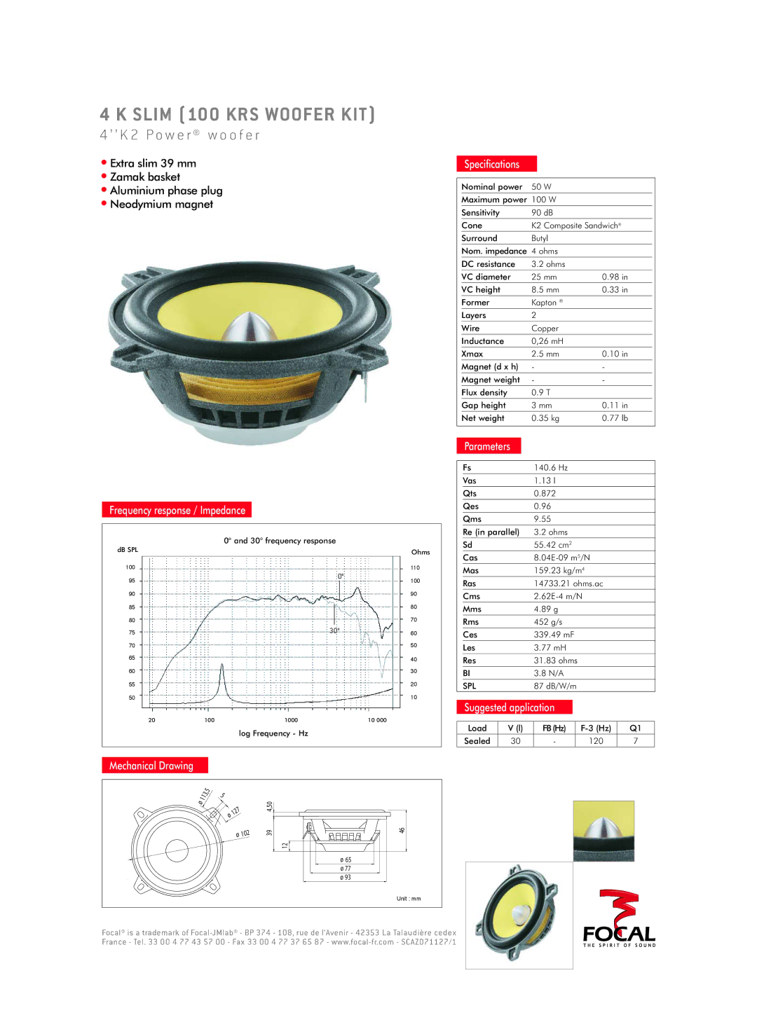 Focal specifications Slim 100 KRS Woofer KIT, ’ ’ K 2 P o w e r w o o f e r 