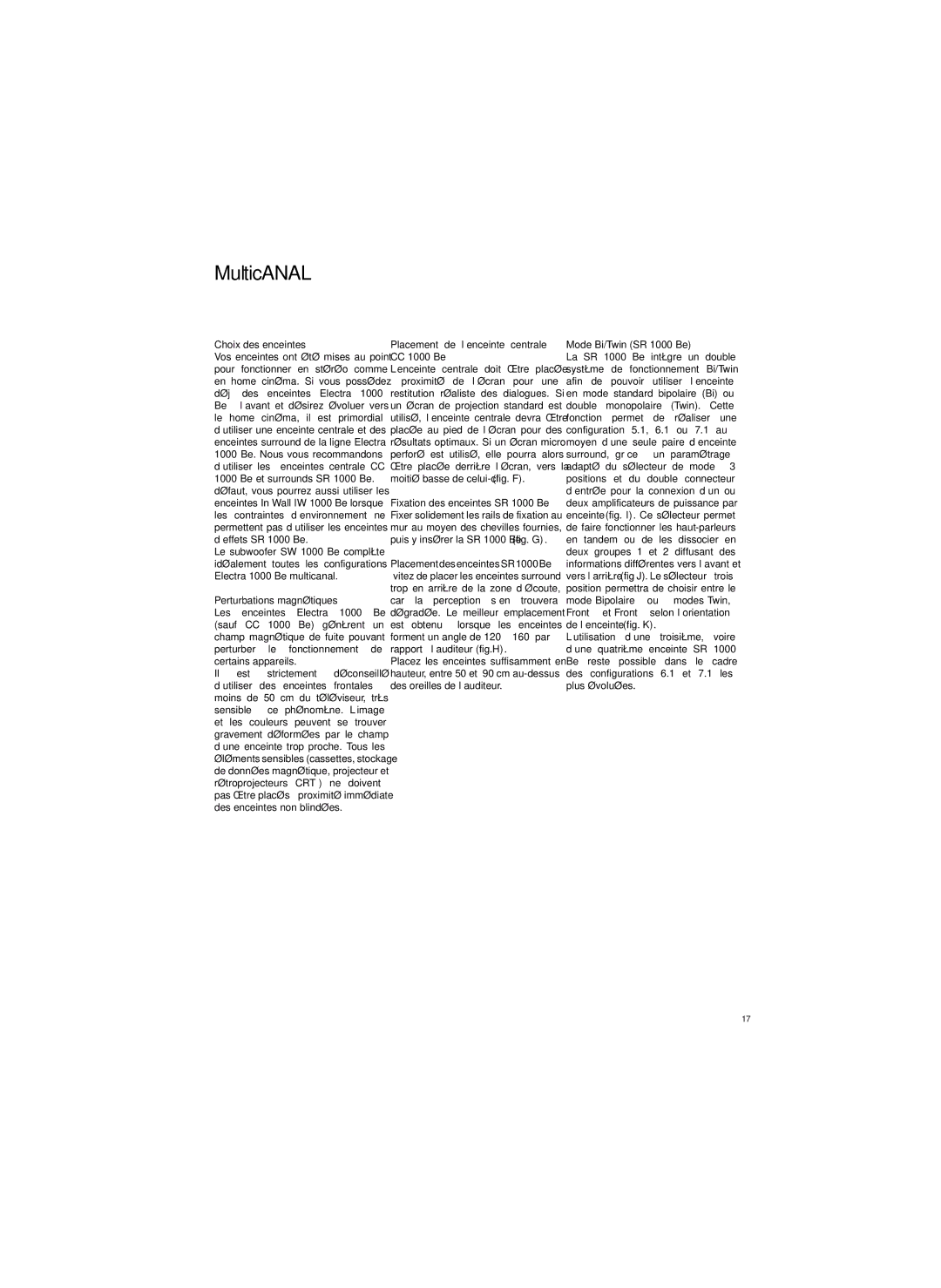 Focal specifications Choix des enceintes, Perturbations magnétiques, Placement de l’enceinte centrale CC 1000 Be 