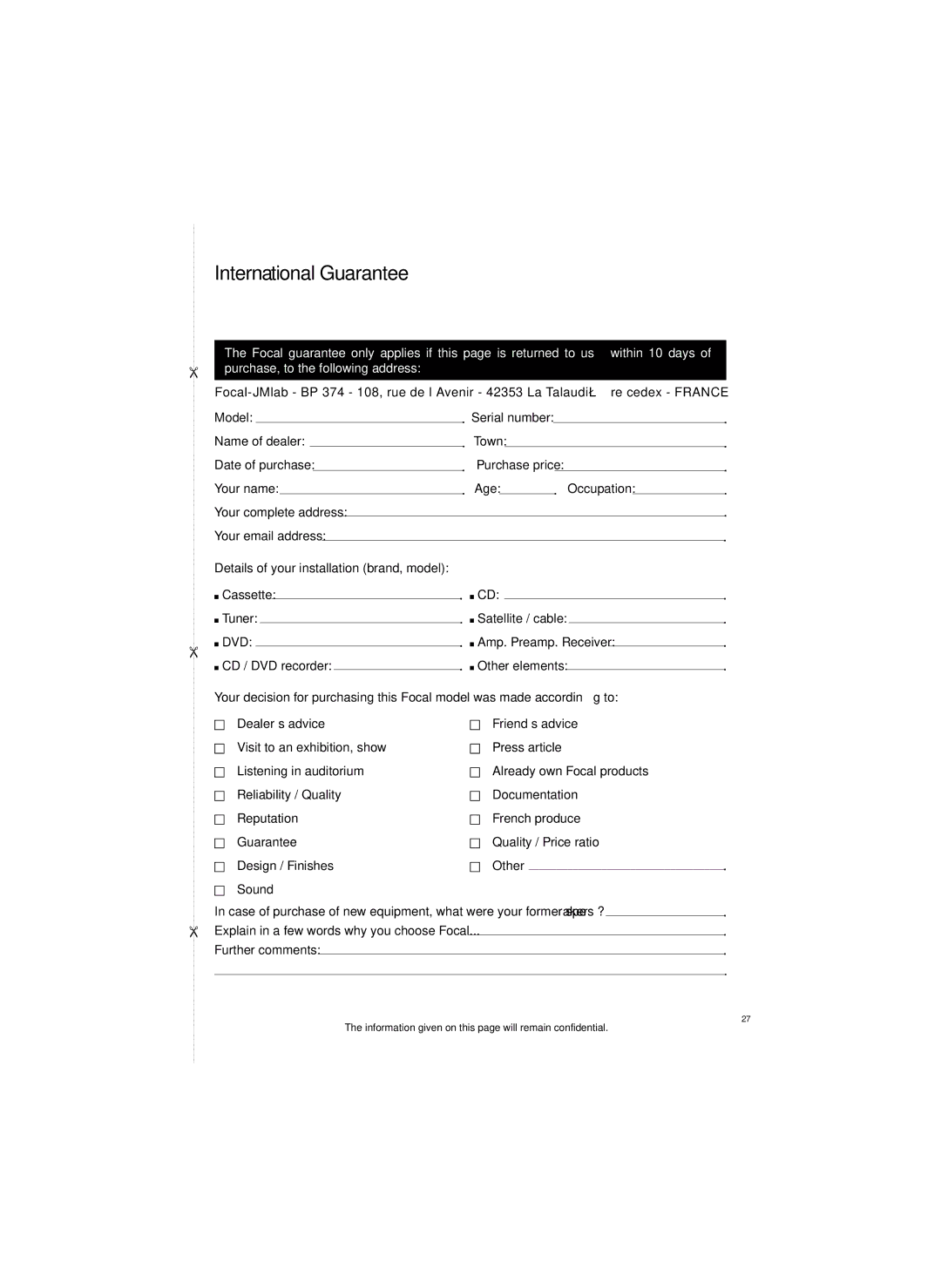 Focal 1000 Be specifications International Guarantee, Information given on this page will remain confidential 