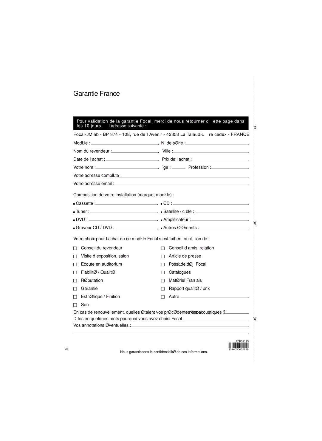 Focal 1000 Be specifications Garantie France, Nous garantissons la confidentialité de ces informations 