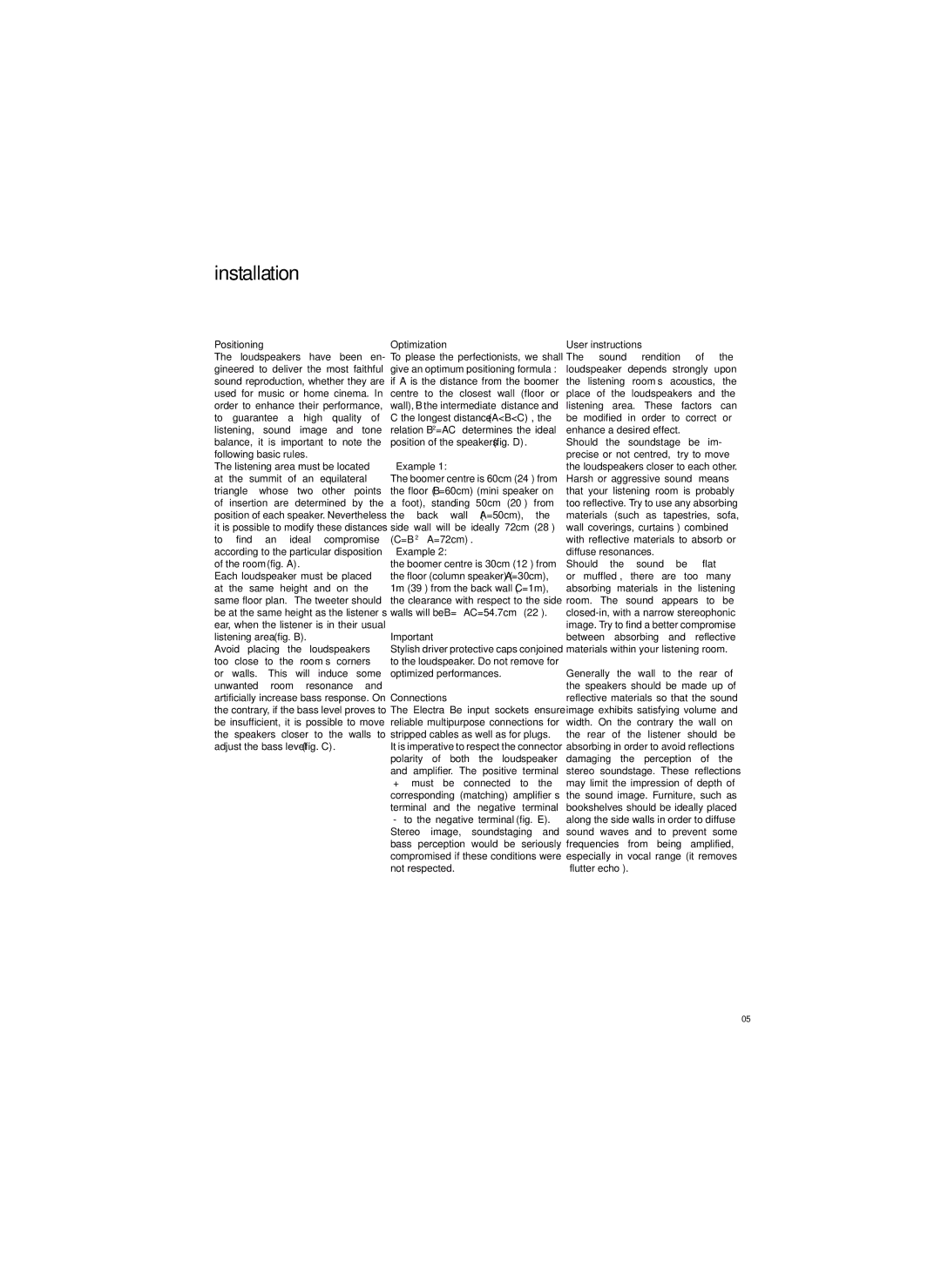 Focal 1000 Be specifications Positioning, According to the particular disposition of the room fig. a, Example, Connections 