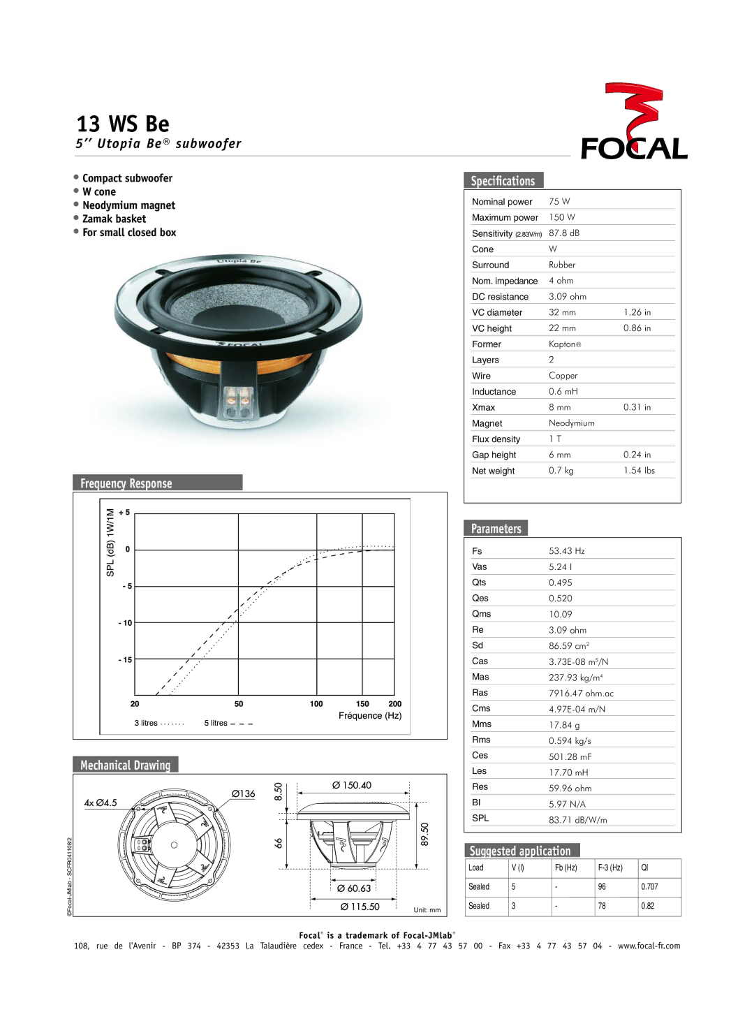 Focal 13 WS Be specifications ’’ Utopia Be subwoofer, Frequency Response Mechanical Drawing, Parameters 