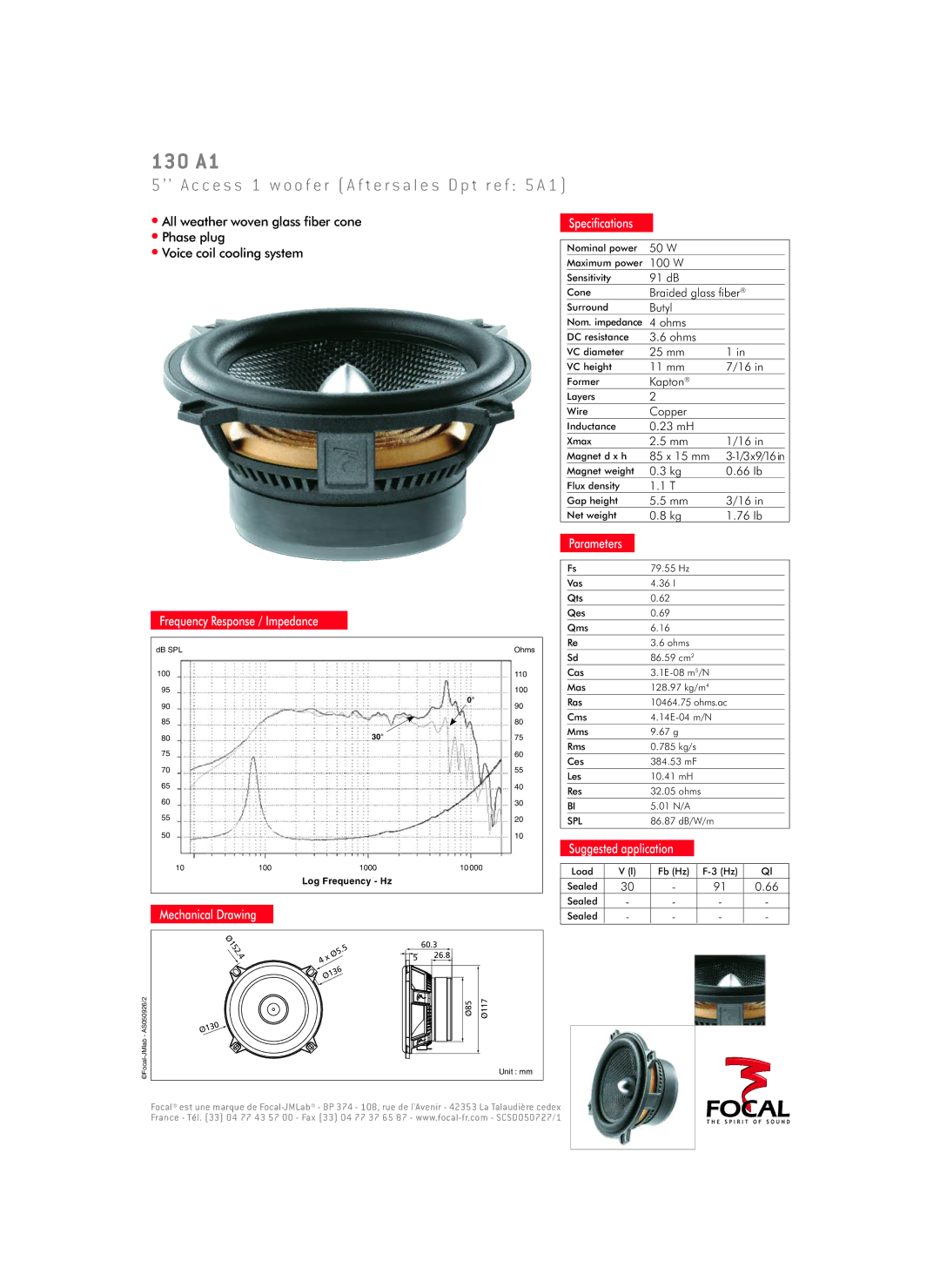 Focal 130 A1 specifications Frequency Response / Impedance, Speciﬁcations, Parameters, Suggested application 