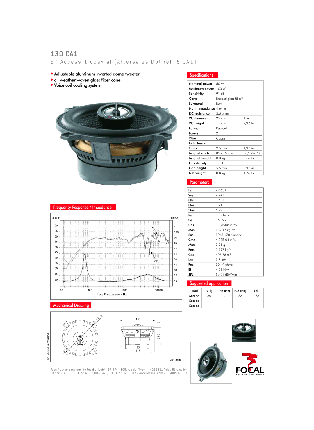 Focal 130 CA1 specifications Frequency Response / Impedance, Mechanical Drawing Speciﬁcations, Parameters 