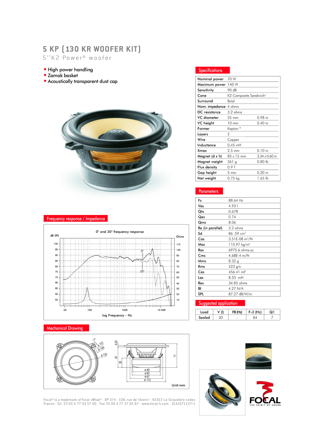 Focal specifications KP 130 KR Woofer KIT, ’ ’ K 2 P o w e r w o o f e r 