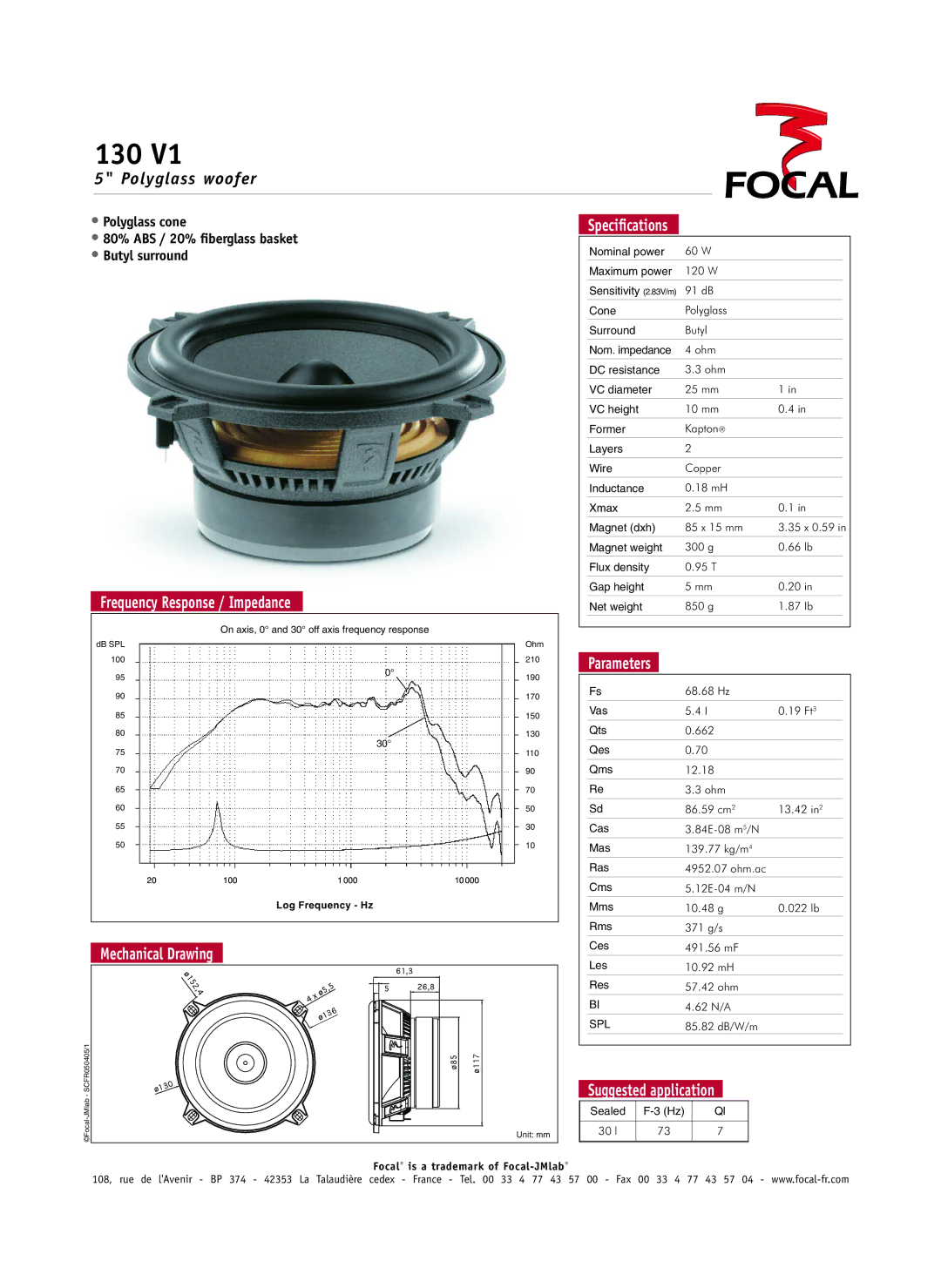 Focal 130 V1, 130 VB specifications Polyglass woofer, Parameters, Mechanical Drawing 