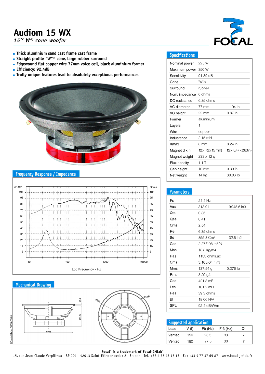 Focal specifications Audiom 15 WX, 15’’ W cone woofer 