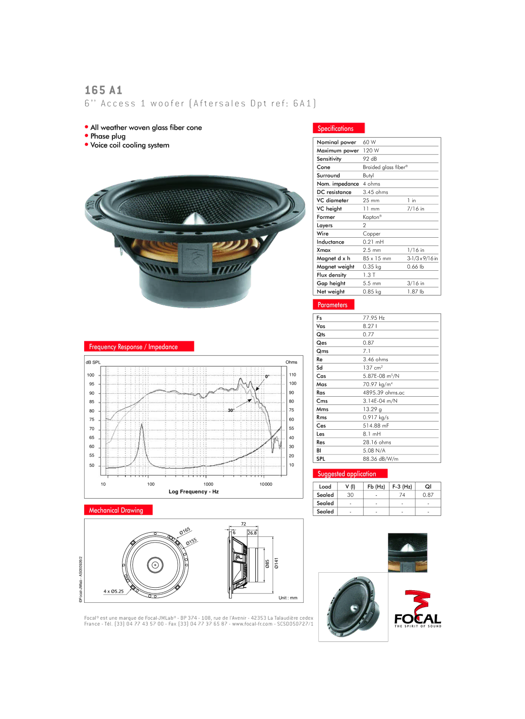 Focal 165 A1 specifications Frequency Response / Impedance, Speciﬁcations, Mechanical Drawing 