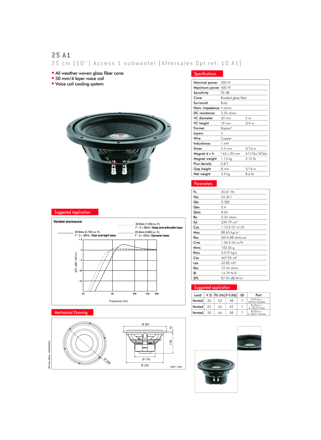 Focal 25 A1 specifications Suggested Application, Mechanical Drawing, Speciﬁcations, Parameters 