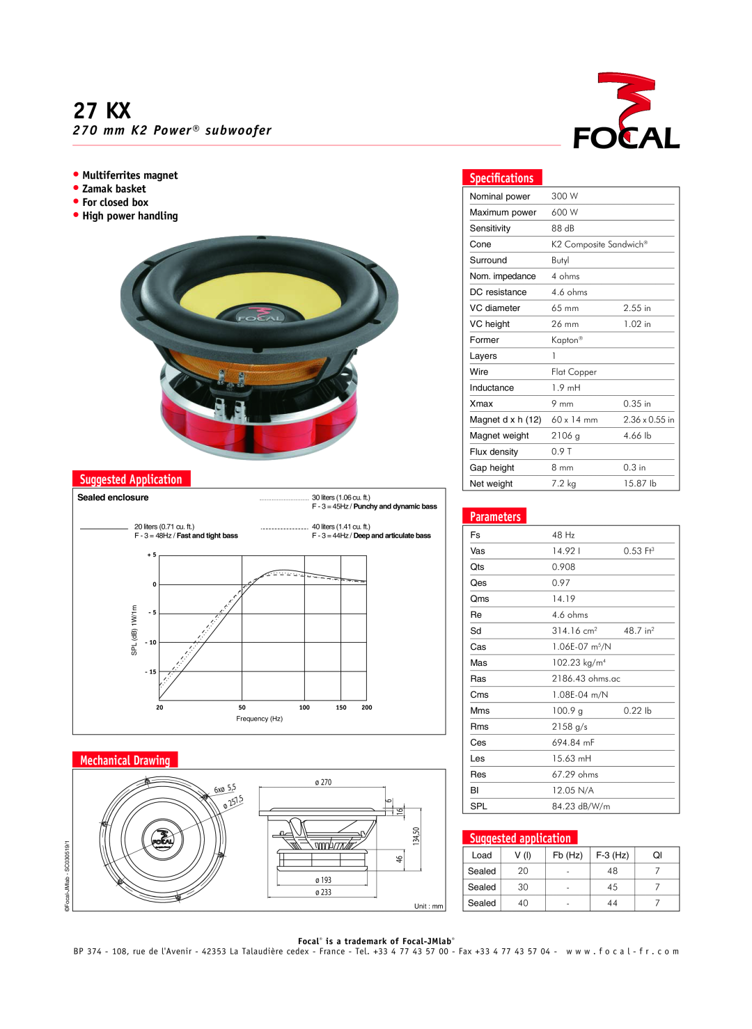 Focal 27 KX specifications mm K2 Power subwoofer, Suggested Application, Mechanical Drawing, Speciﬁcations, Parameters 
