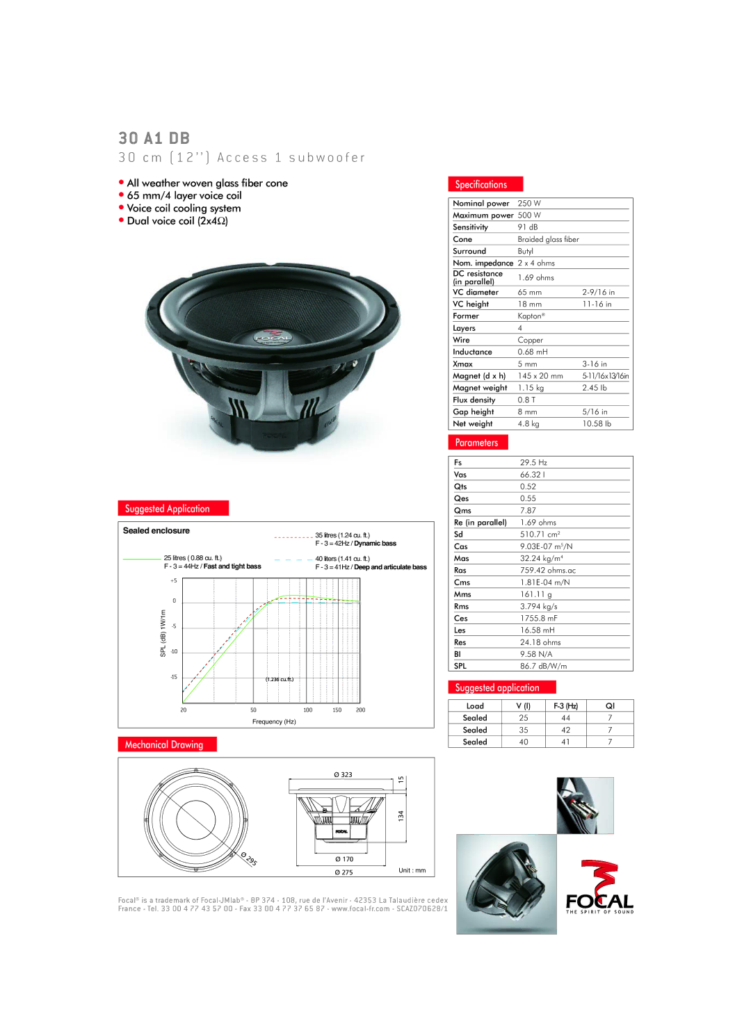 Focal 30 A1 DB specifications M 1 2 ’ ’ a c c e s s 1 s u b w o o f e r, Suggested Application, Speciﬁcations 