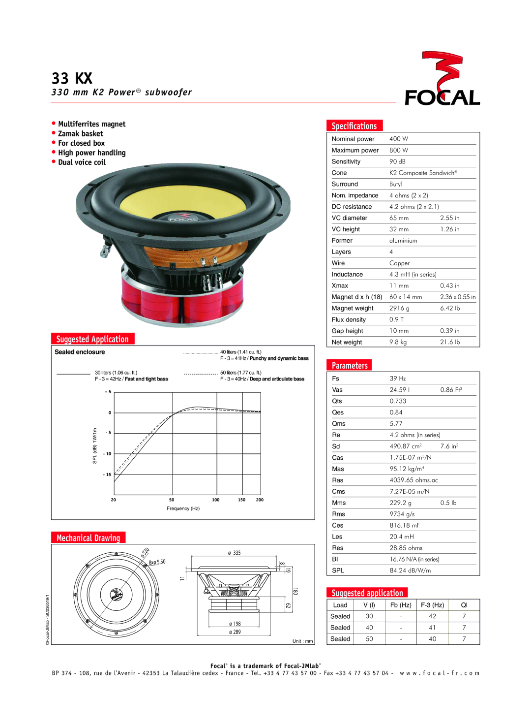 Focal 33 KX specifications Suggested Application, Mechanical Drawing Speciﬁcations, Parameters 