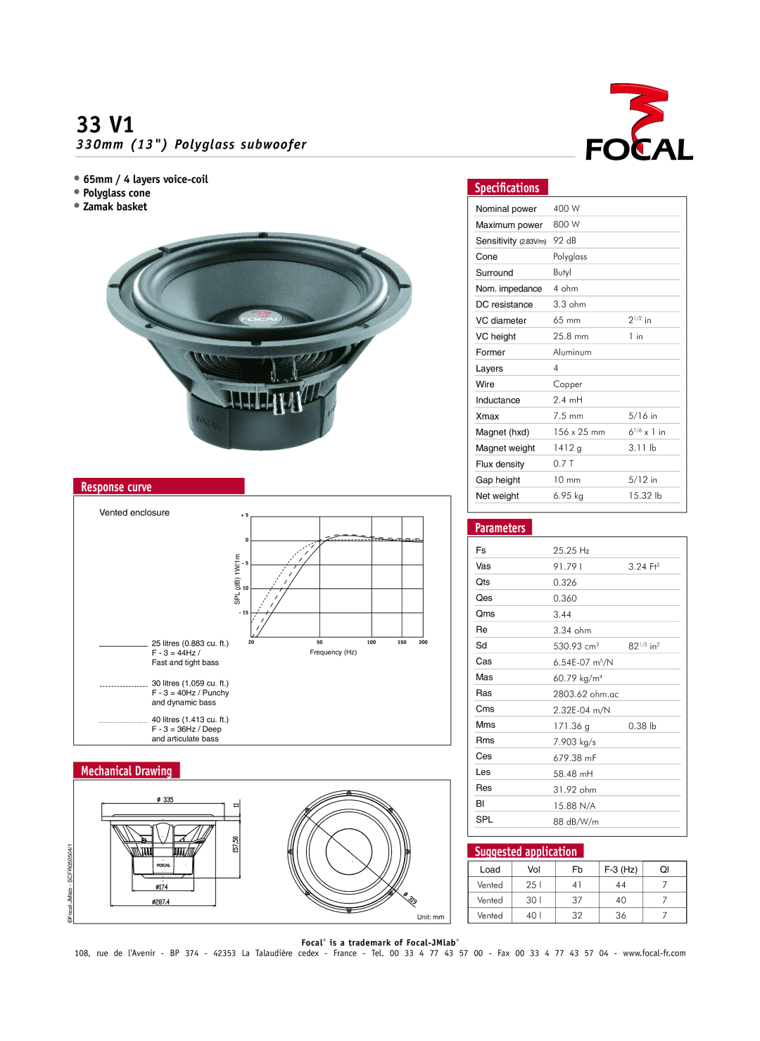 Focal 33 V1 specifications 330mm 13 Polyglass subwoofer 