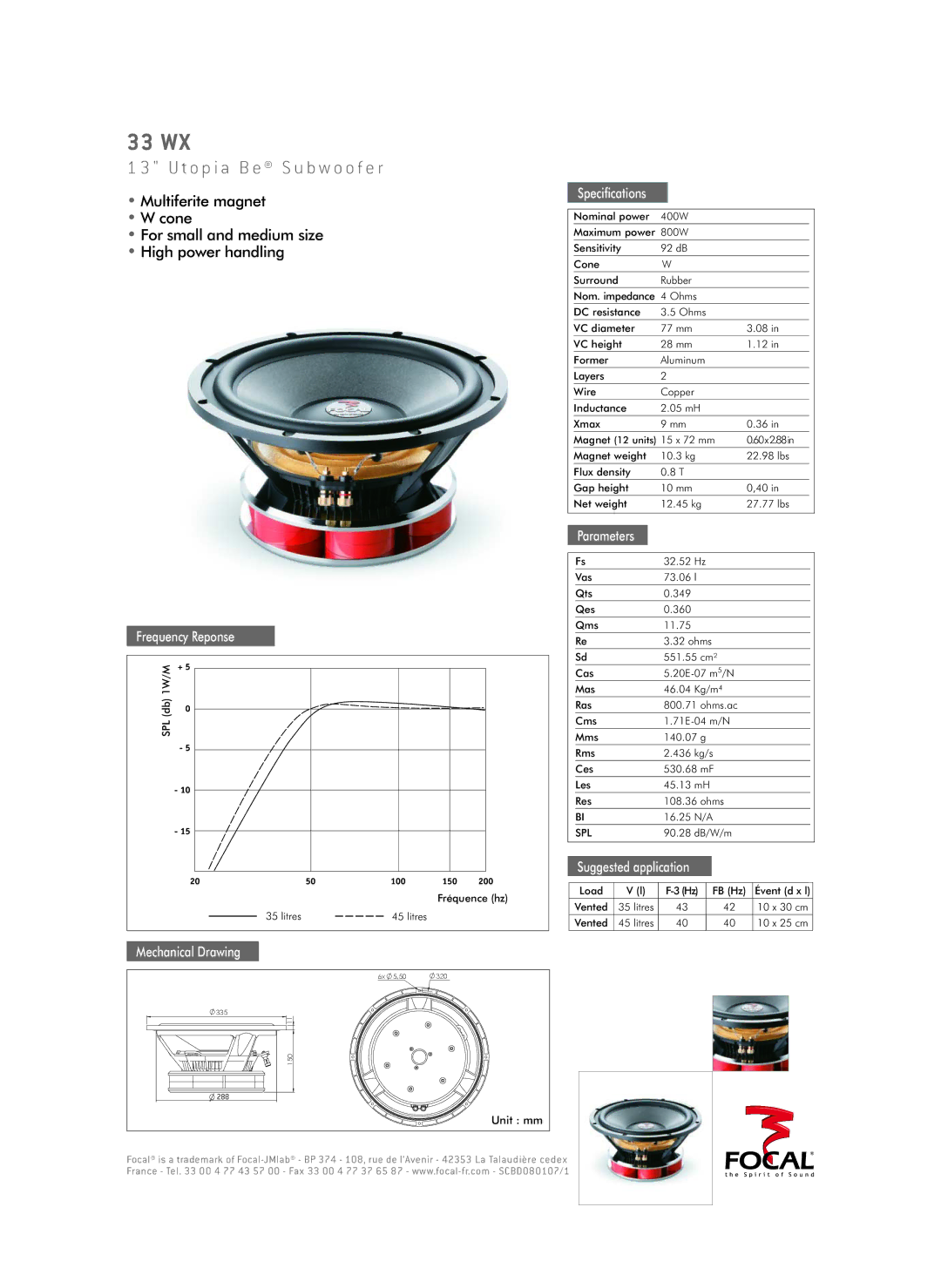 Focal 33 WX specifications T o p i a B e S u b w o o f e r 