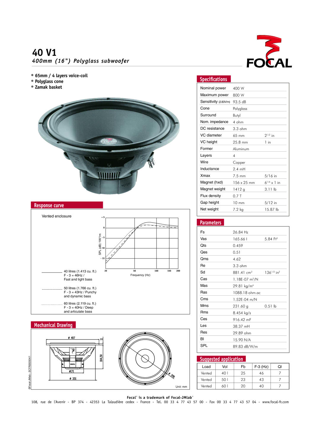 Focal 40 V1 specifications 400mm 16 Polyglass subwoofer 