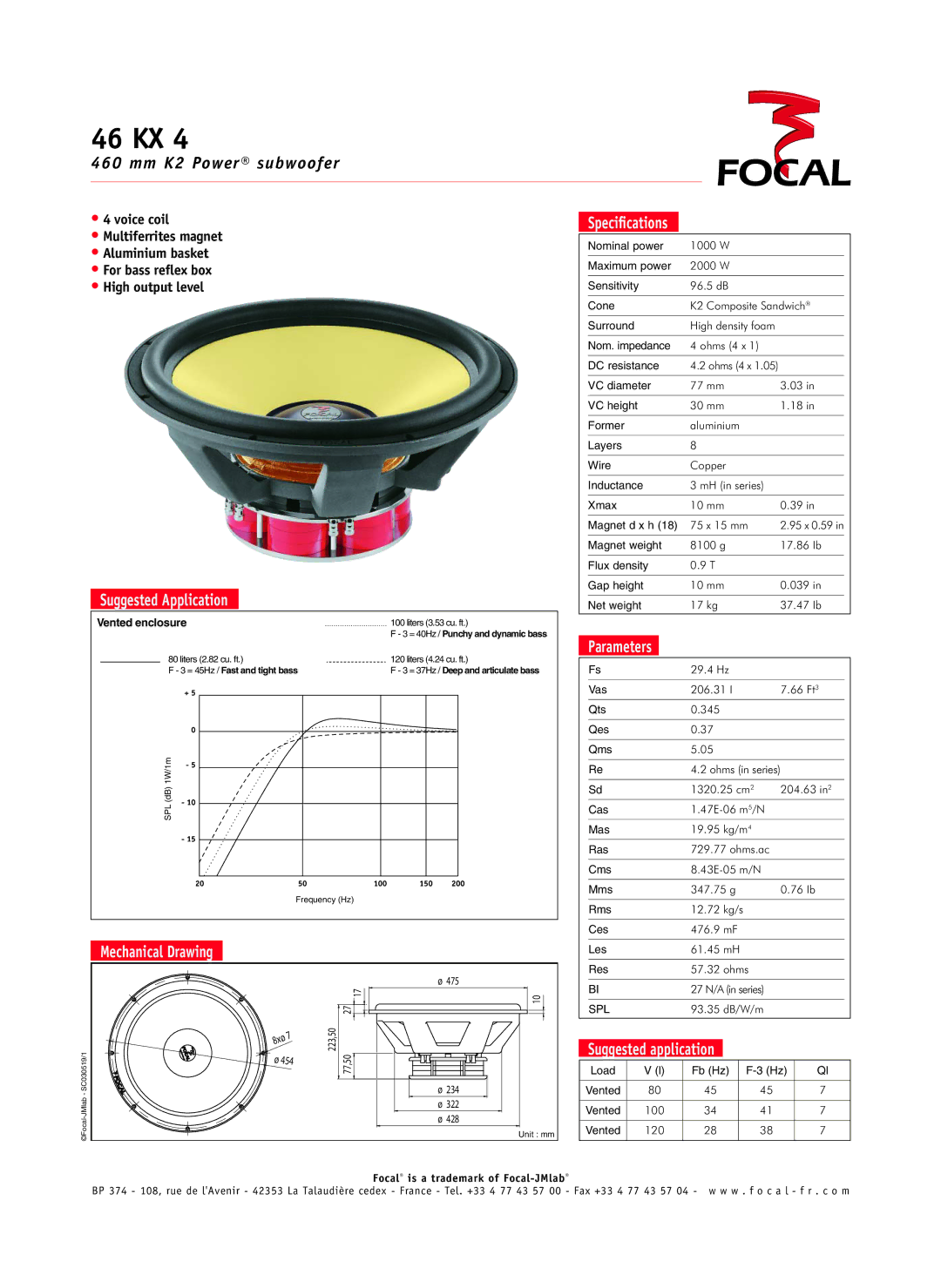 Focal 46 KX 4 specifications Suggested Application, Mechanical Drawing, Speciﬁcations, Parameters 