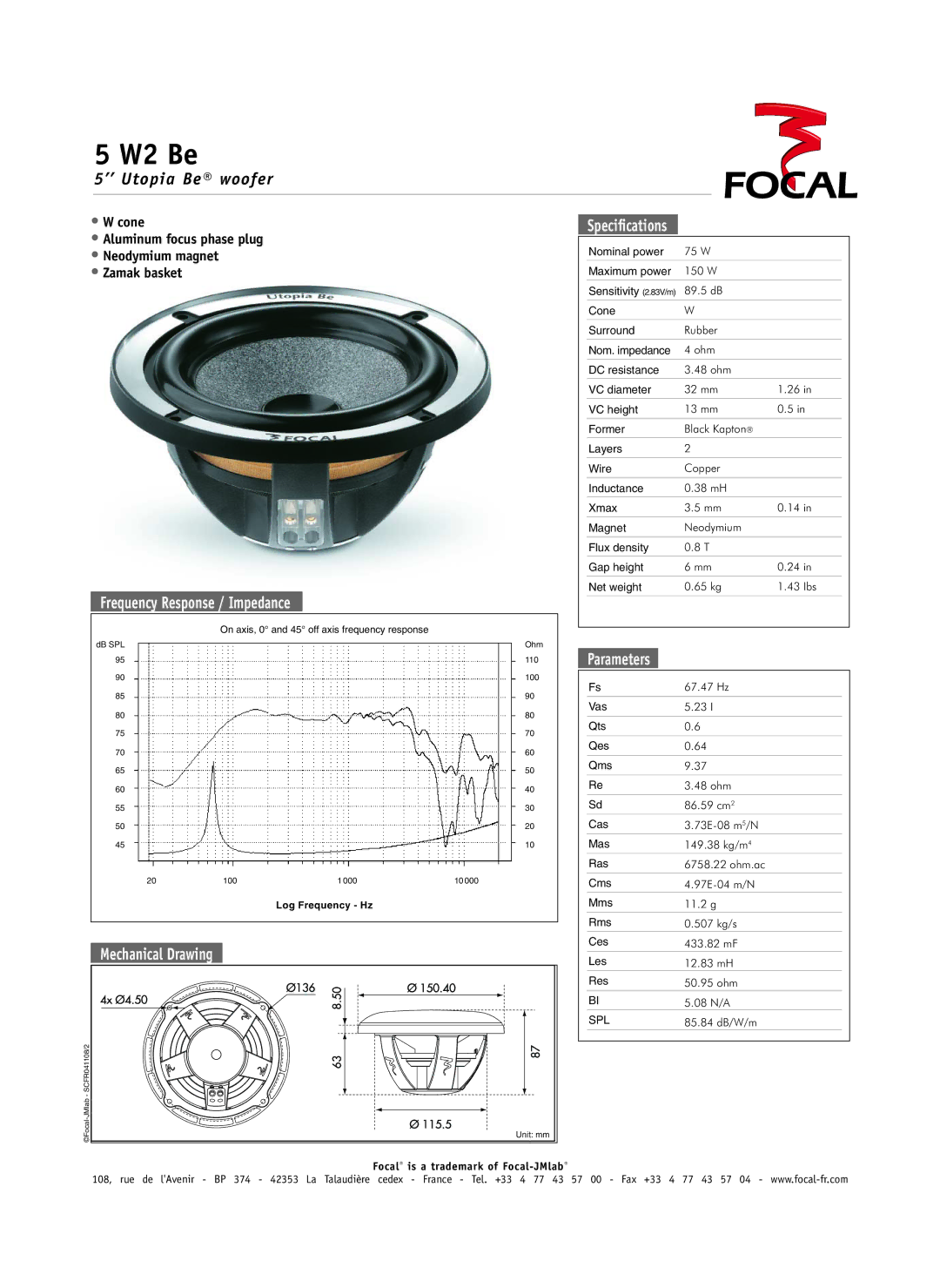 Focal 5 W2 Be specifications ’’ Utopia Be woofer 