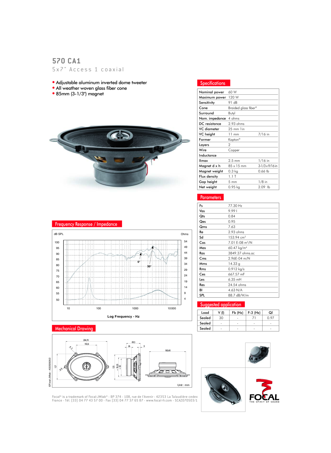 Focal 570 CA1 specifications 5 x 7 A c c e s s 1 c o a x i a l, Parameters, Frequency Response / Impedance, Speciﬁcations 