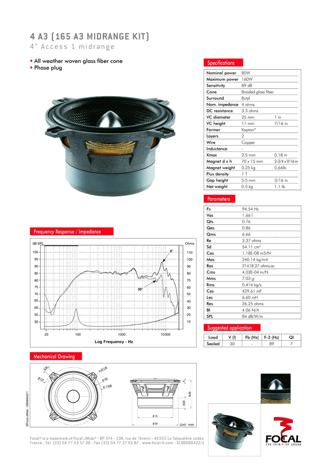 Focal 6 A3, 4 A3 manual A3 165 A3 midrange kit, C c e s s 1 m i d r a n g e, Parameters Frequency Response / Impedance 