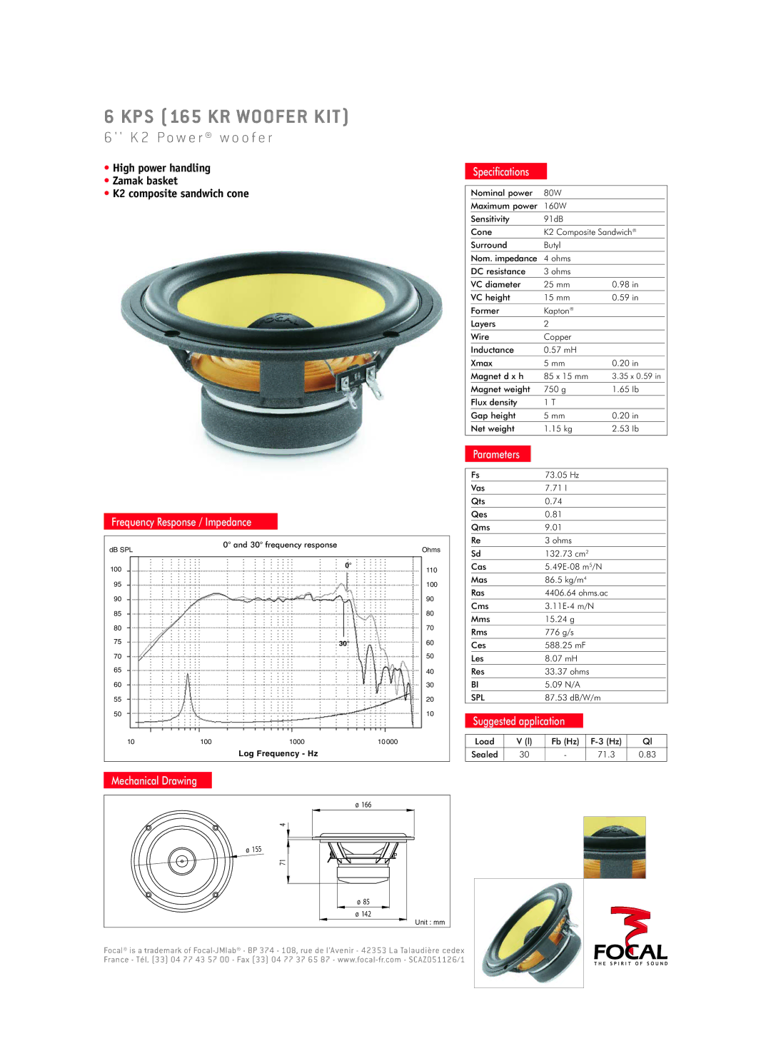 Focal 6 KPS specifications KPS 165 KR Woofer KIT, P o w e r w o o f e r 