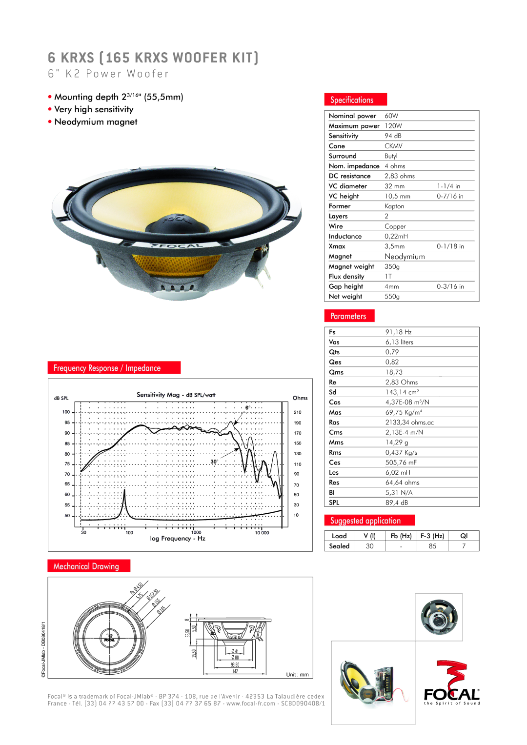 Focal 165 KRXS, 6 KRXS manual Krxs 165 Krxs Woofer KIT, P o w e r W o o f e r, Parameters, Suggested application 