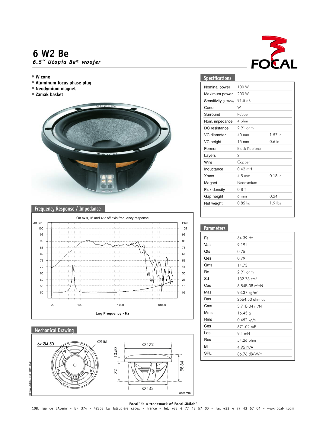 Focal 6 W2 Be specifications 6.5’’ Utopia Be woofer, Frequency Response / Impedance, Mechanical Drawing, Speciﬁcations 