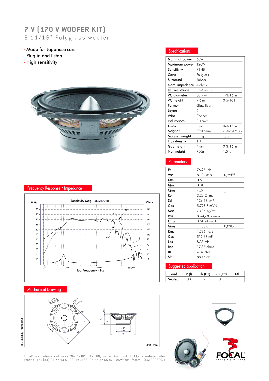 Focal 170 V, 7 V manual V Woofer KIT, 1 / 1 6 P o l y g l a s s w o o f e r, Parameters, Suggested application 