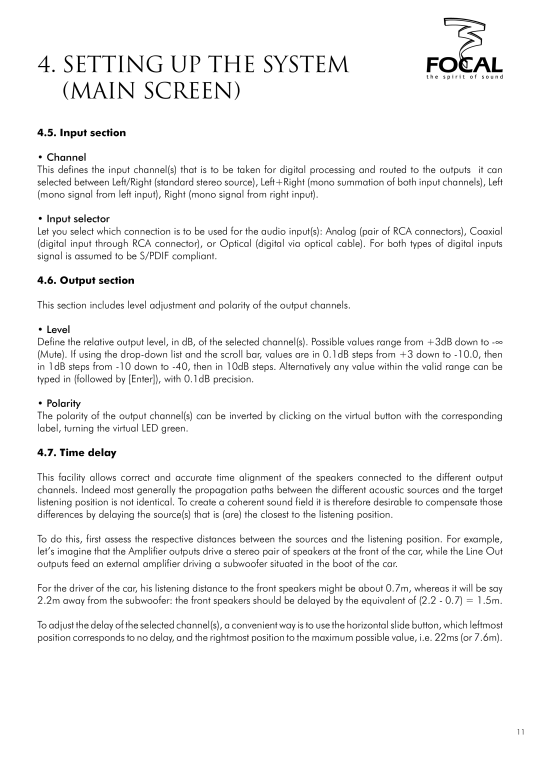 Focal DUAL MANAGER user manual Input section, Output section, Time delay 