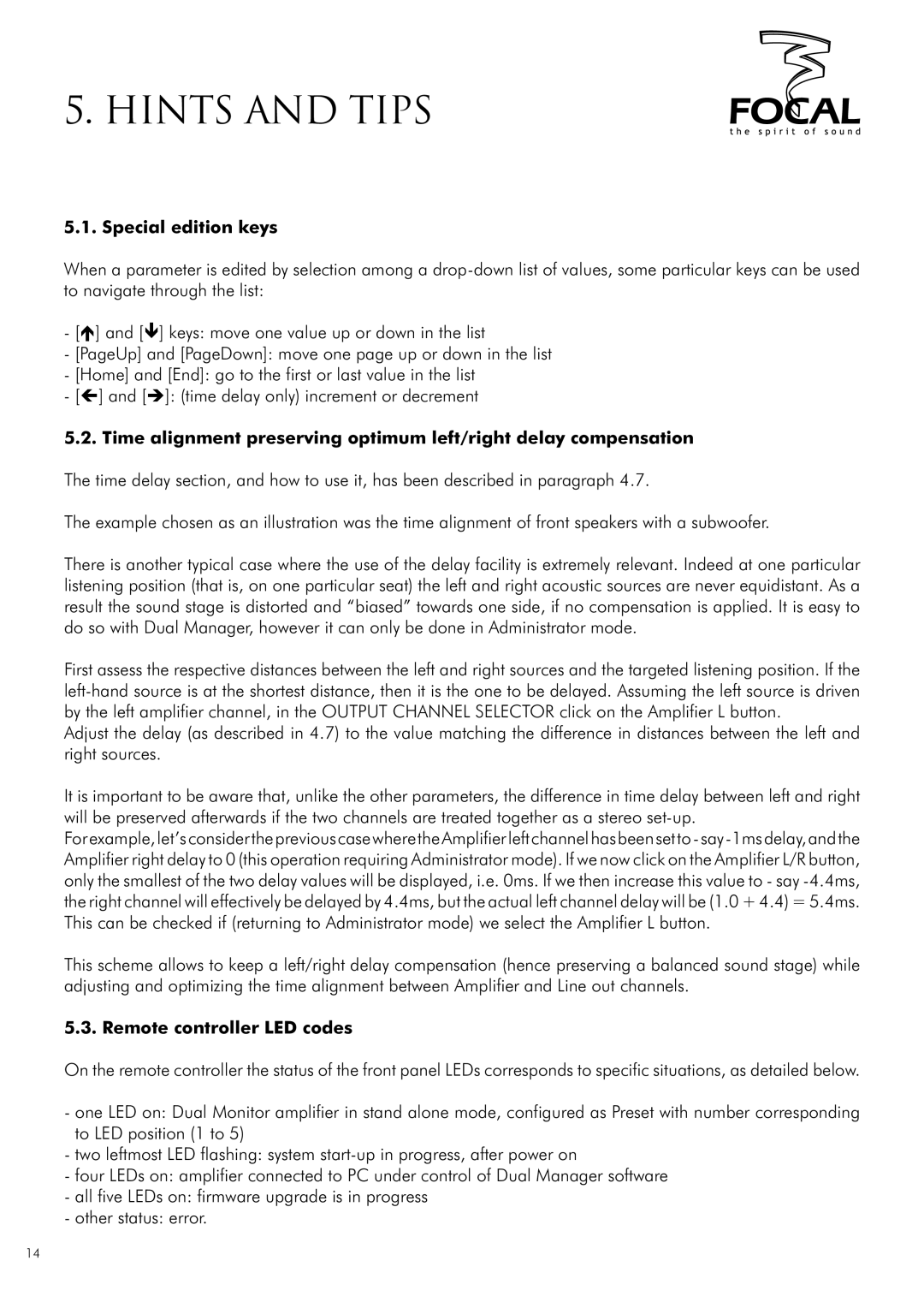 Focal DUAL MANAGER user manual Hints and tips, Special edition keys, Remote controller LED codes 