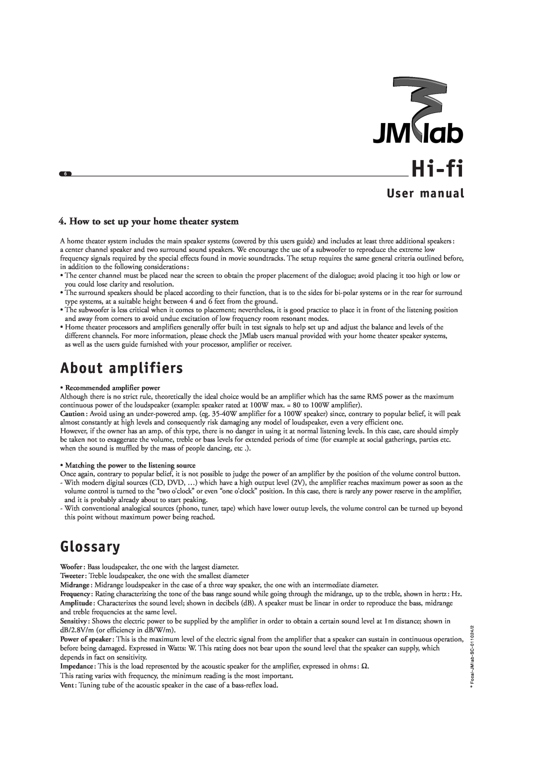 Focal Hi-fi About amplifiers, Glossary, How to set up your home theater system, Recommended amplifier power, User manual 