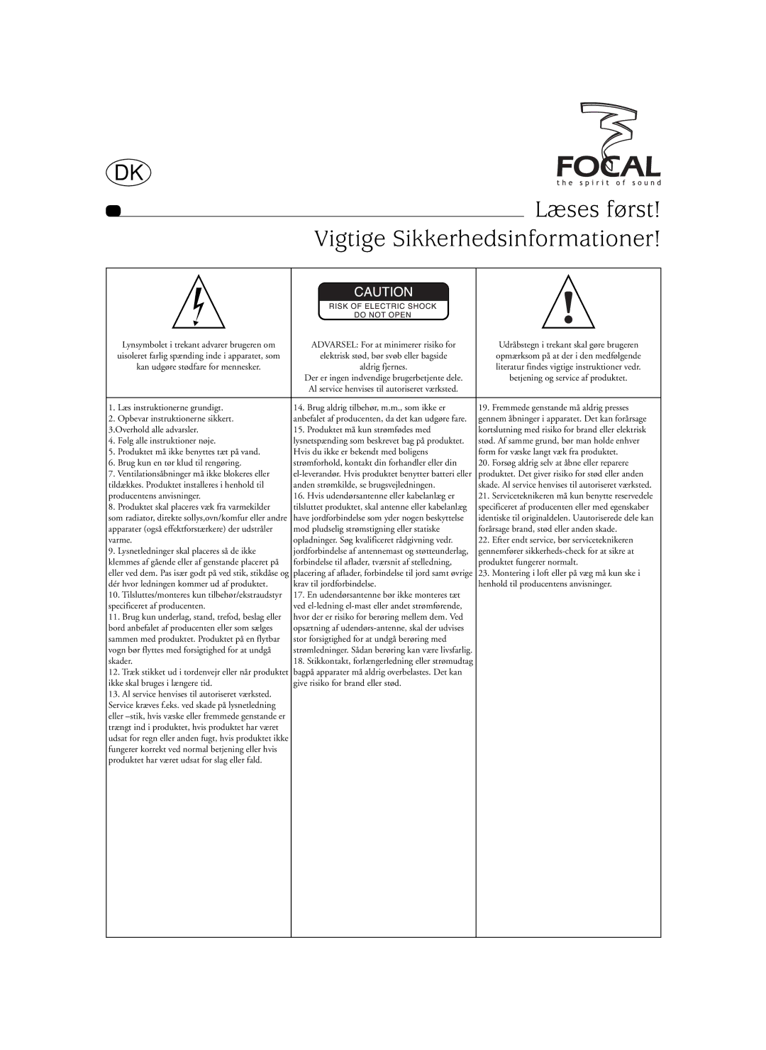 Focal SIB XXL, Sib XL user manual Læses først, Vigtige Sikkerhedsinformationer 