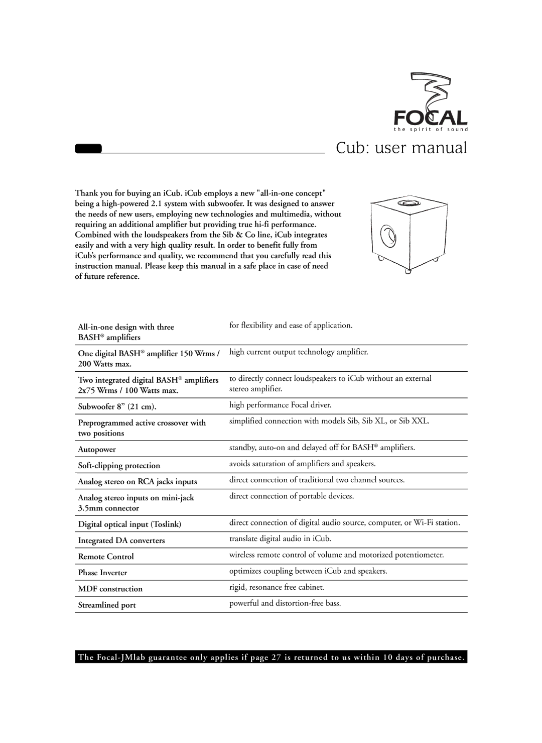 Focal Sib XL, SIB XXL user manual Speciﬁcations 