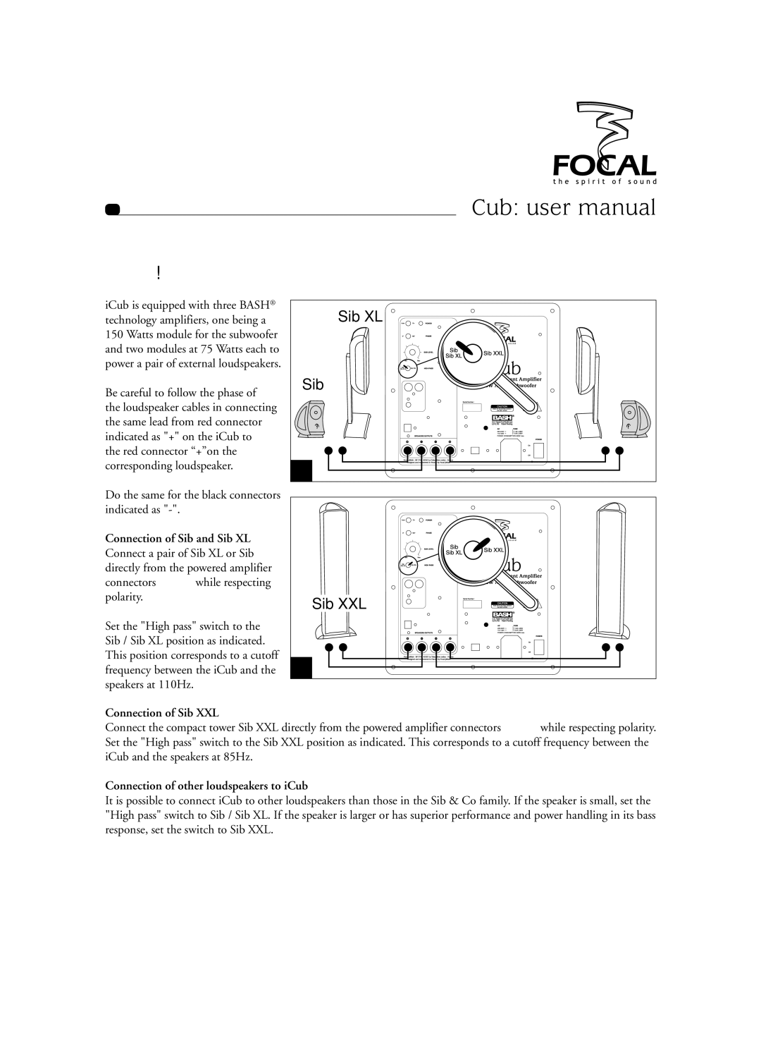 Focal SIB XXL, Sib XL user manual Loudspeaker connection, Connection of Sib XXL, Connection of other loudspeakers to iCub 