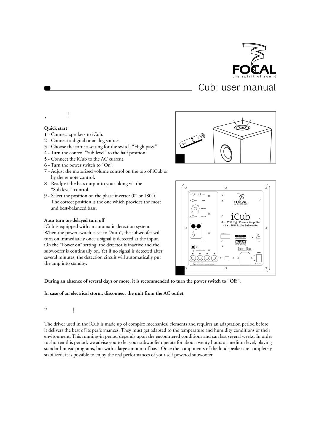 Focal Sib XL, SIB XXL user manual Getting started, Running-in period, Quick start, Auto turn on-delayed turn off 