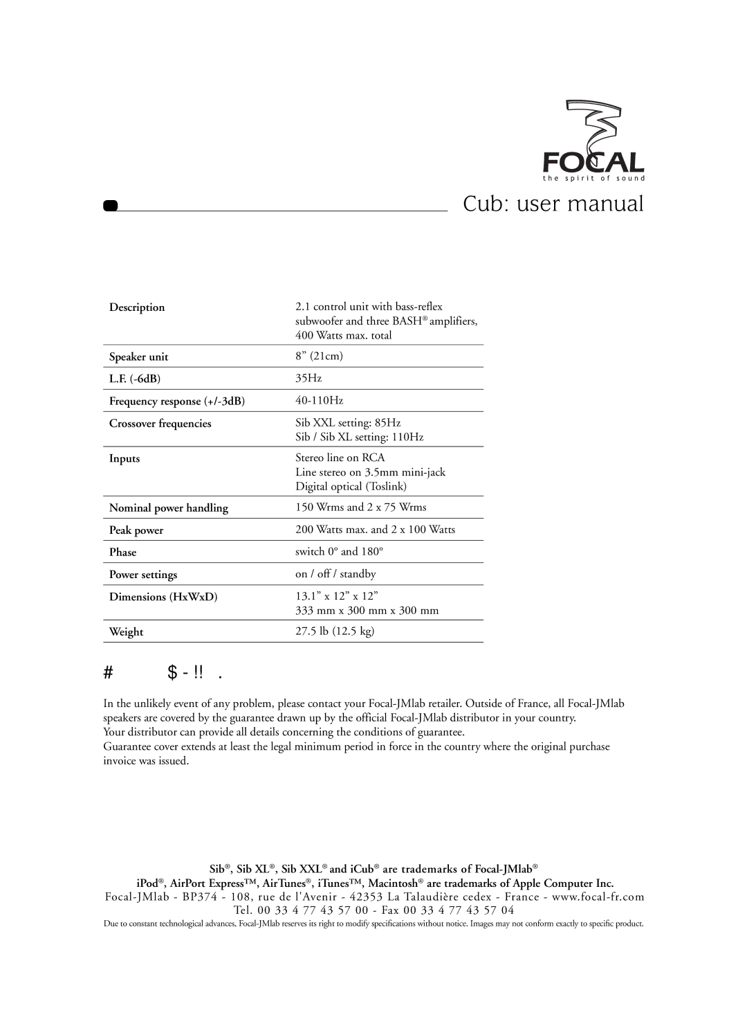 Focal SIB XXL, Sib XL user manual Conditions of warranty 