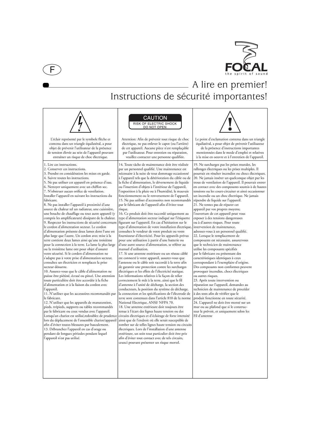 Focal SIB XXL, Sib XL user manual Lire en premier, Instructions de sécurité importantes 