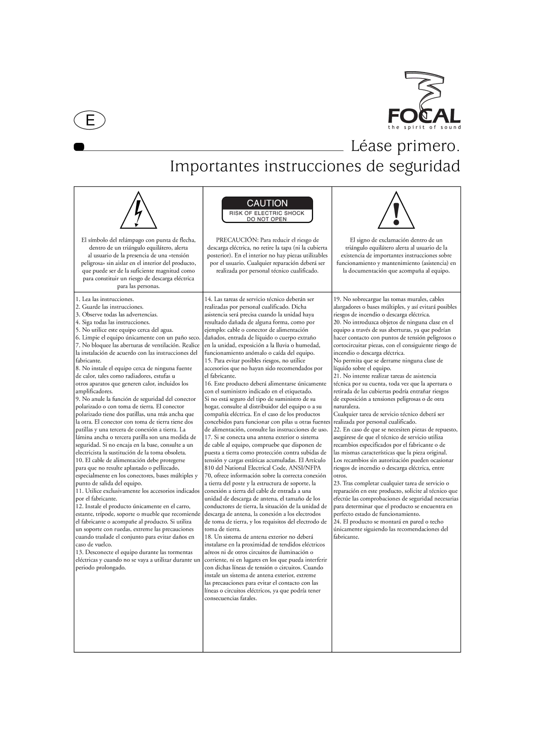 Focal Sib XL, SIB XXL user manual Léase primero, Importantes instrucciones de seguridad 