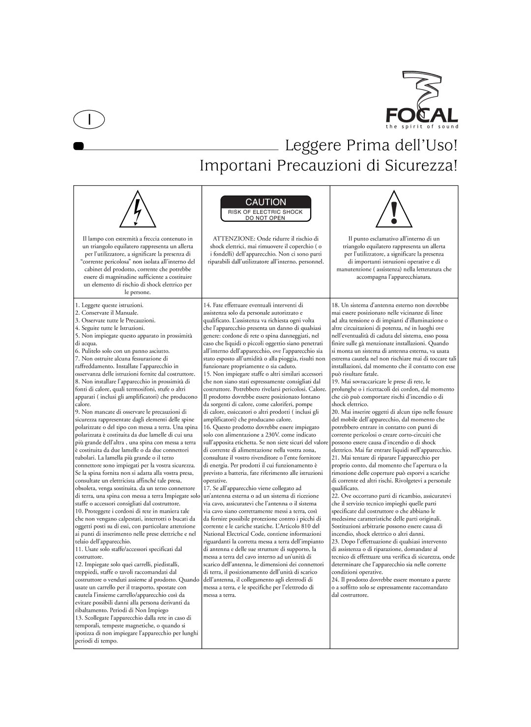 Focal SIB XXL, Sib XL user manual Leggere Prima dell’Uso, Importani Precauzioni di Sicurezza 